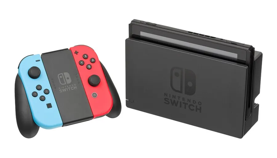 Original Nintendo Switch docked with red and blue Joy-Con